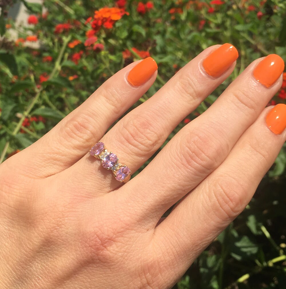 October Birthstone Oval Rose Quartz Three Stone Ring with Clear Quartz Accents - H.L.Jewelry