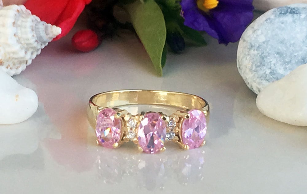 October Birthstone Oval Rose Quartz Three Stone Ring with Clear Quartz Accents - H.L.Jewelry