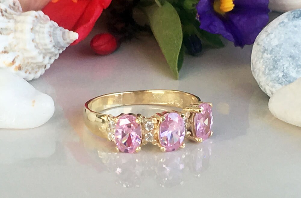 October Birthstone Oval Rose Quartz Three Stone Ring with Clear Quartz Accents - H.L.Jewelry