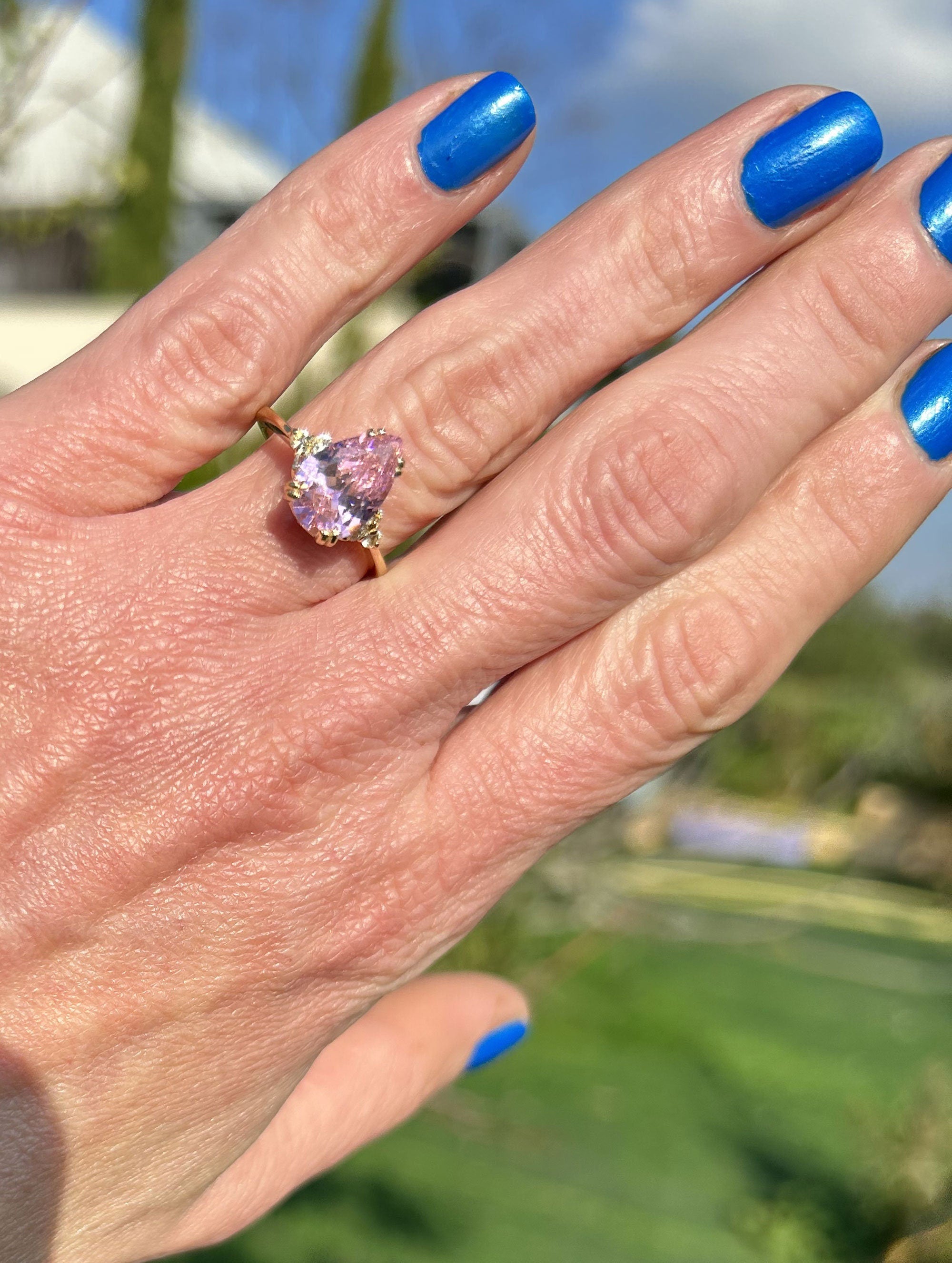 October Birthstone Pear-Shaped Rose Quartz Ring with Clear Quartz Accents - H.L.Jewelry