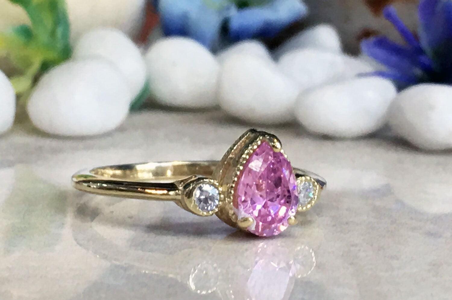 October Birthstone Pear-Shaped Rose Quartz Ring with Clear Quartz Accents - H.L.Jewelry