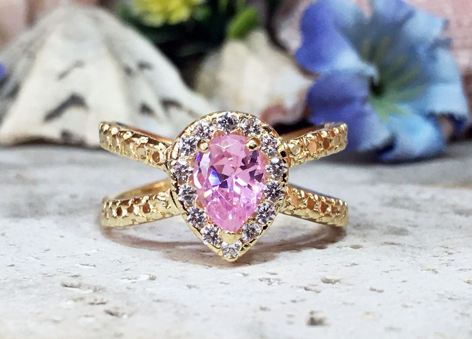 October Birthstone Pear-Shaped Rose Quartz Ring with Clear Quartz Halo - H.L.Jewelry