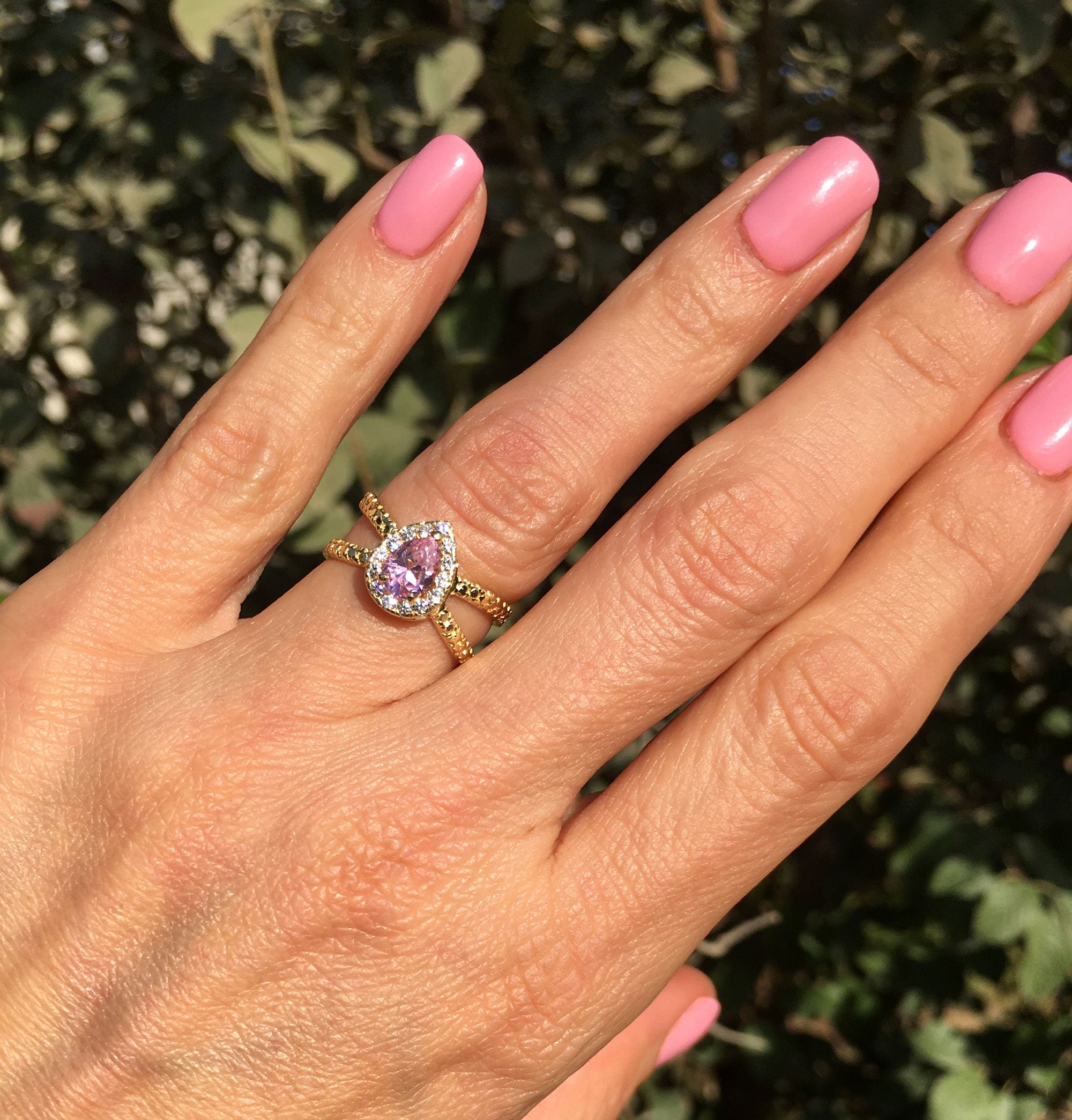 October Birthstone Pear-Shaped Rose Quartz Ring with Clear Quartz Halo - H.L.Jewelry