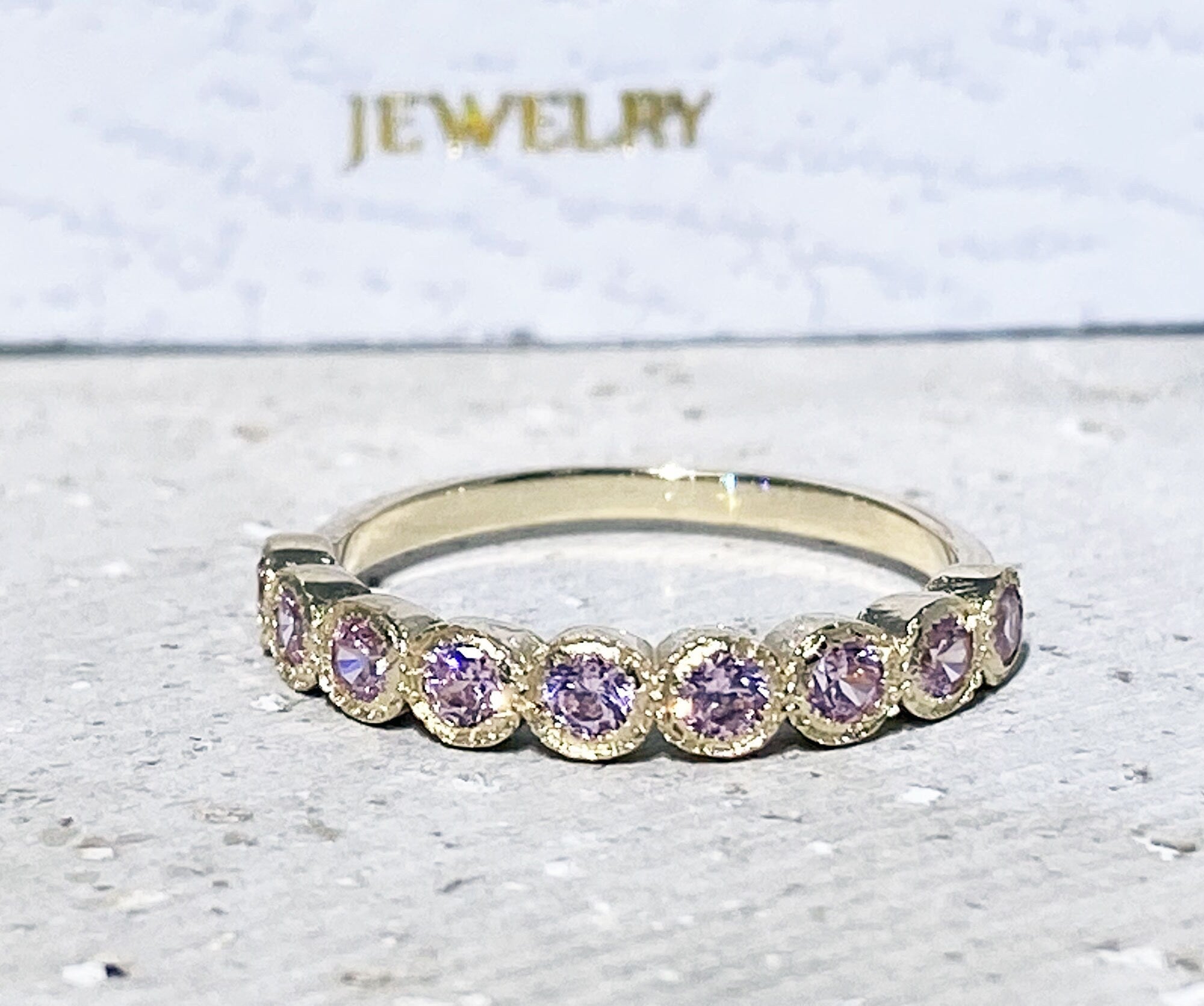 October Birthstone Rose Quartz Nine Stone Bezel Half Eternity Stacking Ring - H.L.Jewelry
