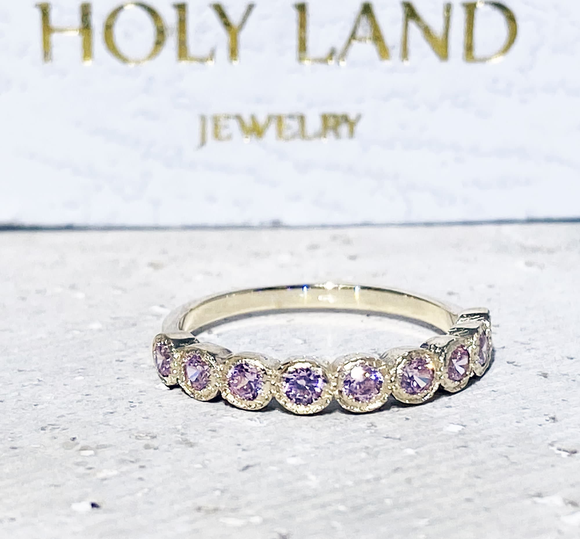 October Birthstone Rose Quartz Nine Stone Bezel Half Eternity Stacking Ring - H.L.Jewelry
