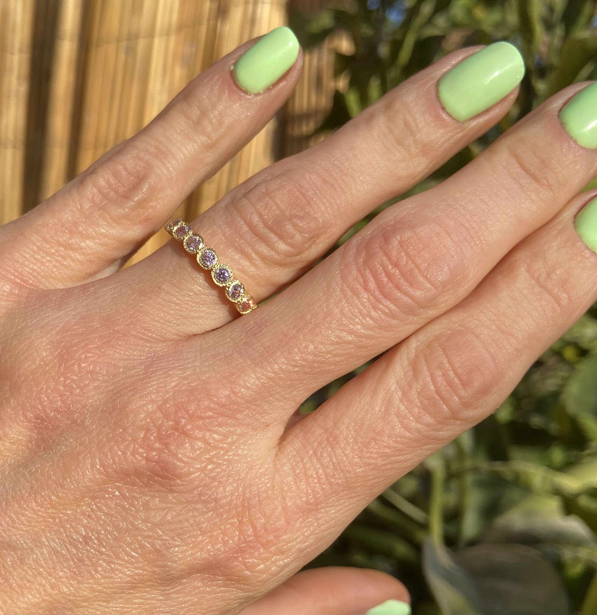 October Birthstone Rose Quartz Nine Stone Bezel Half Eternity Stacking Ring - H.L.Jewelry
