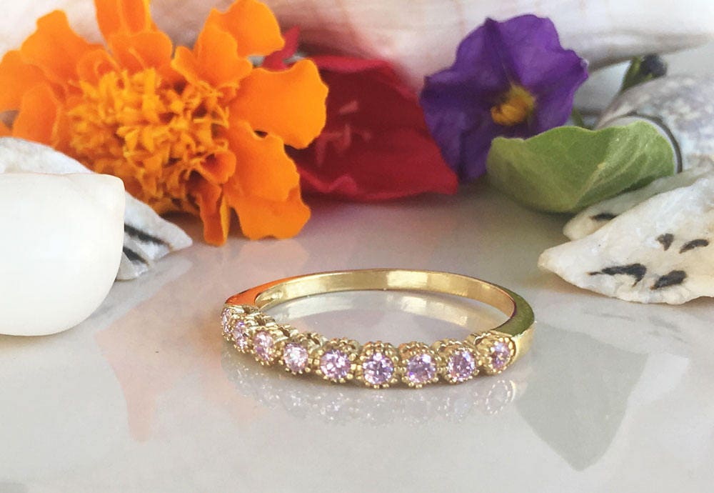 October Birthstone Rose Quartz Nine Stone Stacking Half Eternity Bezel Ring - H.L.Jewelry