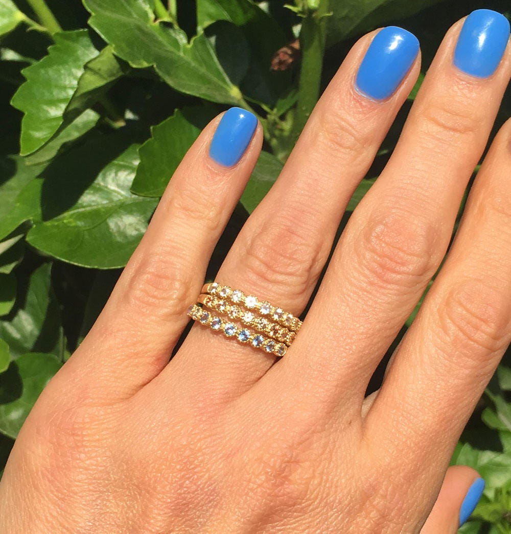 October Birthstone Rose Quartz Nine Stone Stacking Half Eternity Bezel Ring - H.L.Jewelry