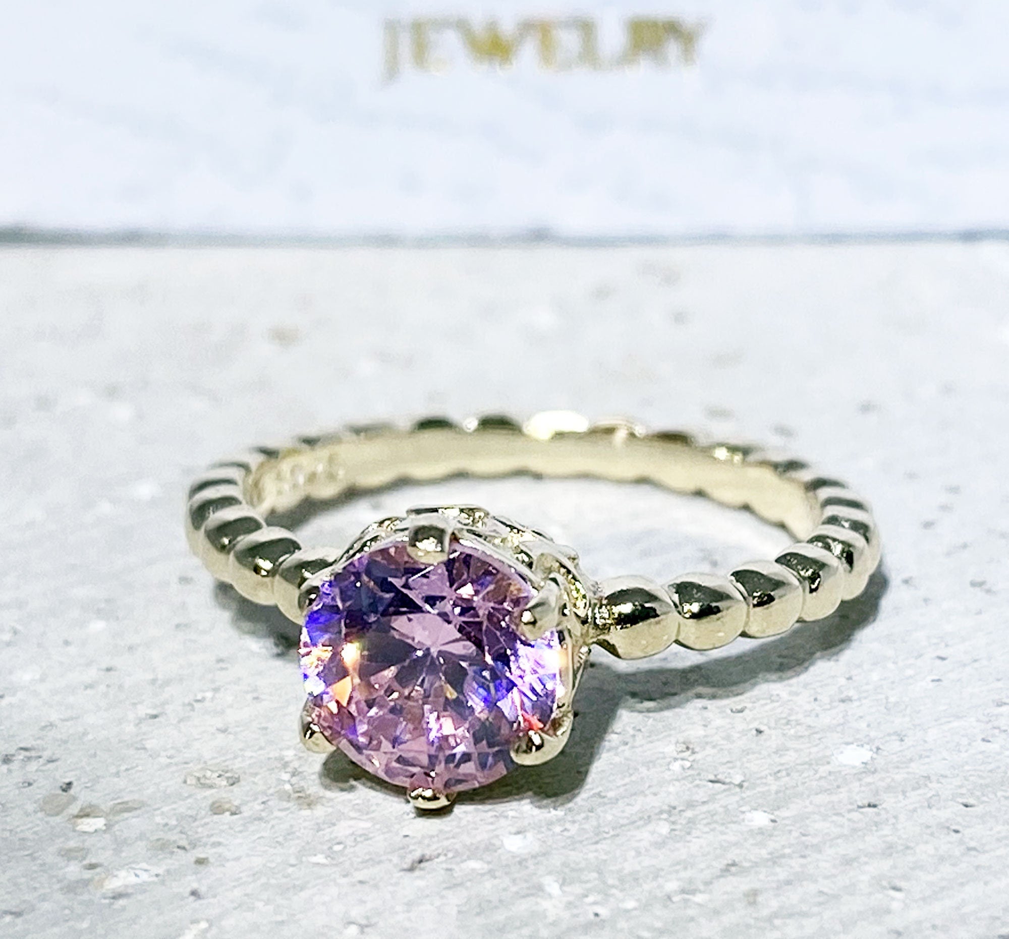 October Birthstone Rose Quartz Ring Vintage Beaded Band Ring - H.L.Jewelry