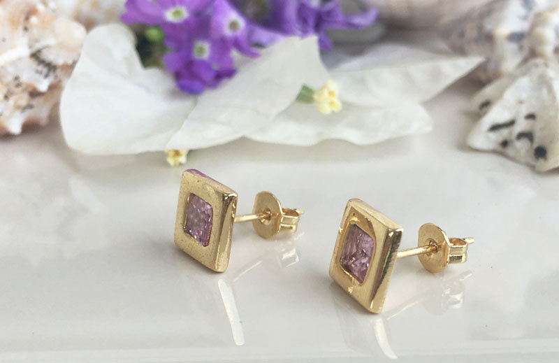 October Birthstone Rose Quartz Simple Square Stud Earrings - H.L.Jewelry