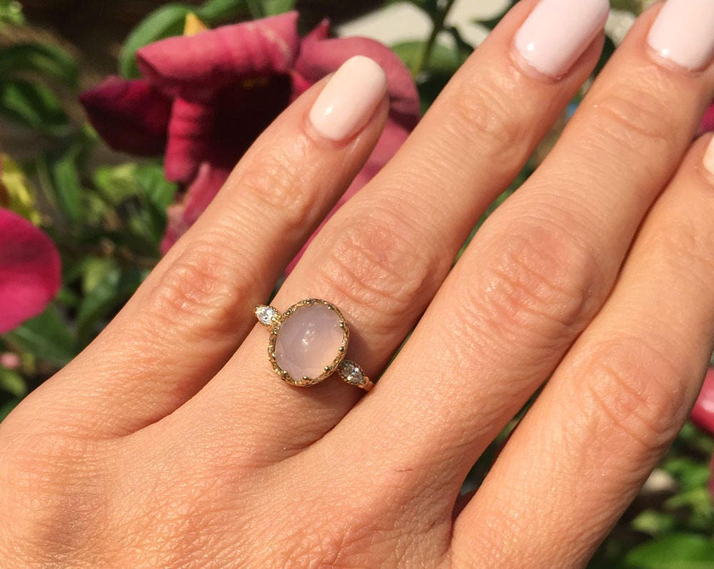 October Birthstone Rose Quartz Vintage Oval Crown Ring with Clear Quartz Accents - H.L.Jewelry