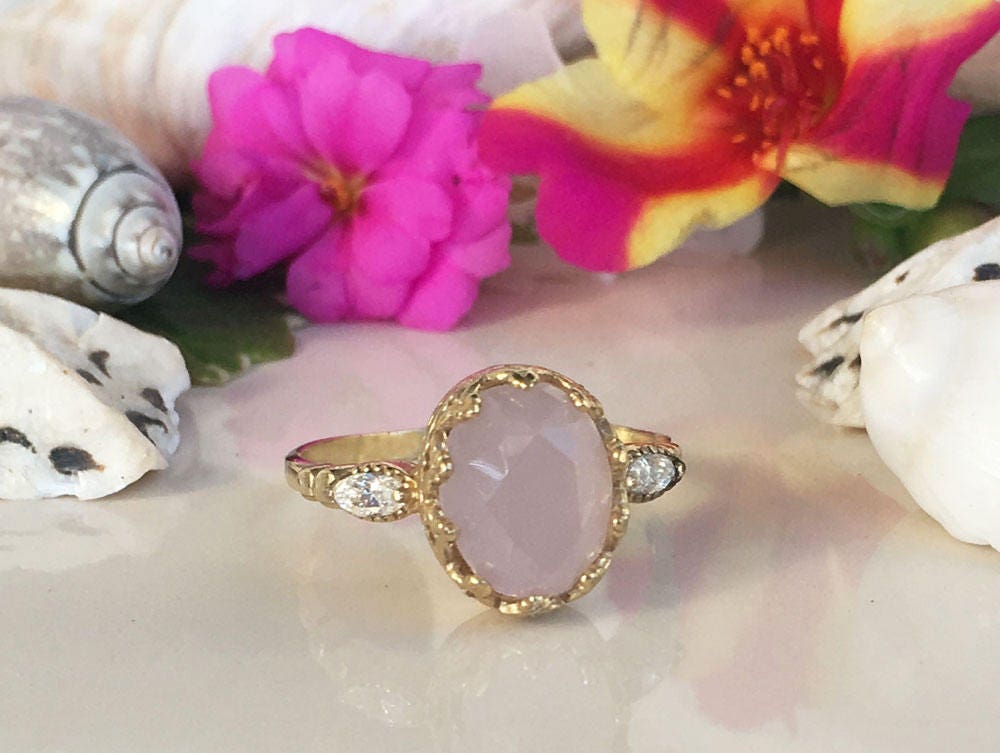 October Birthstone Rose Quartz Vintage Oval Crown Ring with Clear Quartz Accents - H.L.Jewelry