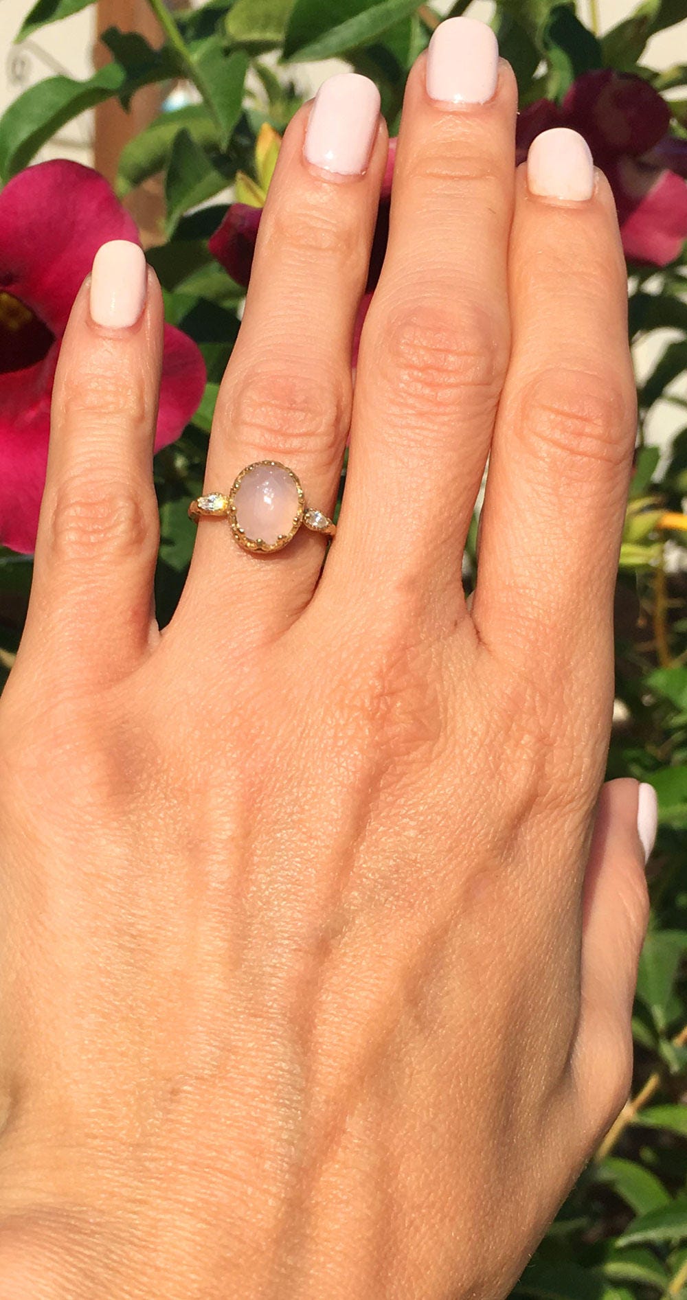 October Birthstone Rose Quartz Vintage Oval Crown Ring with Clear Quartz Accents - H.L.Jewelry