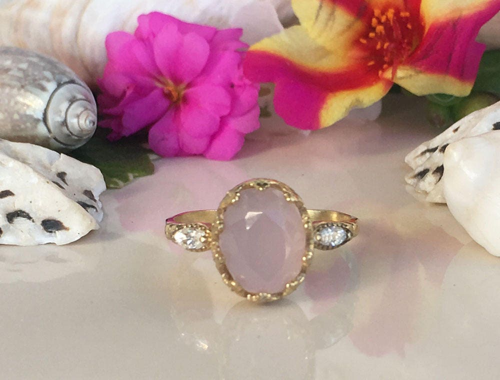 October Birthstone Rose Quartz Vintage Oval Crown Ring with Clear Quartz Accents - H.L.Jewelry