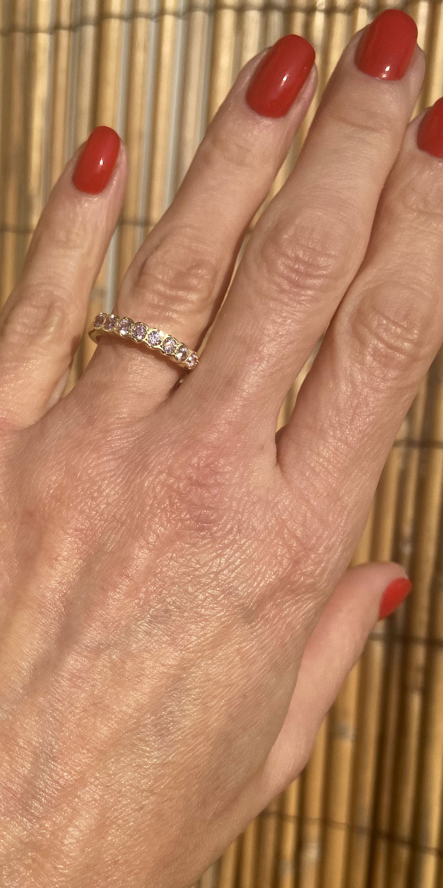 October Birthstone Round Rose Quartz Eight-Stone Stacking Half Eternity Bezel Ring - H.L.Jewelry