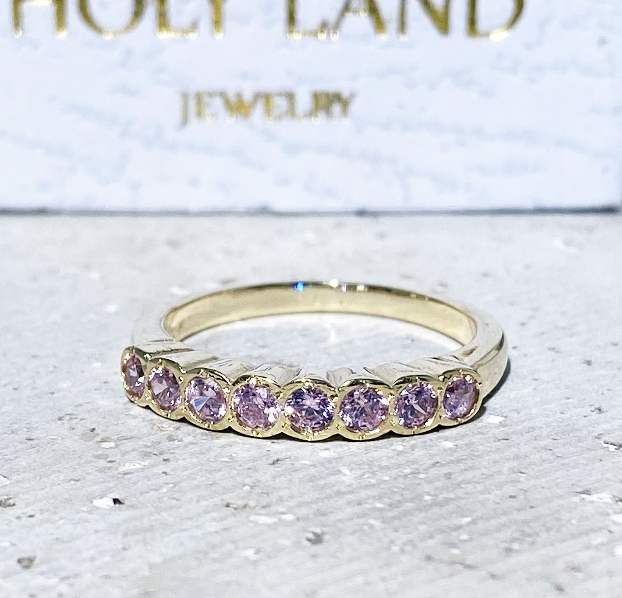 October Birthstone Round Rose Quartz Eight-Stone Stacking Half Eternity Bezel Ring - H.L.Jewelry