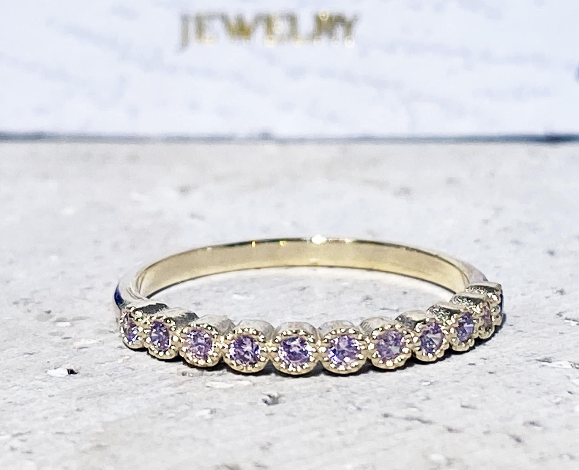 October Birthstone Round Rose Quartz Eleven-Stone Half Eternity Stacking Ring - H.L.Jewelry