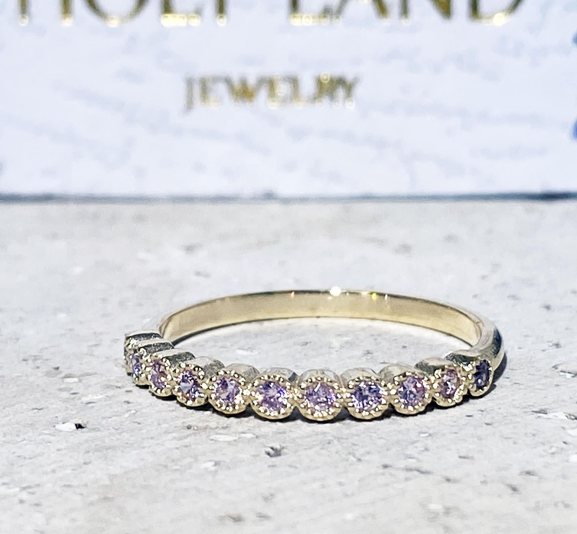 October Birthstone Round Rose Quartz Eleven-Stone Half Eternity Stacking Ring - H.L.Jewelry