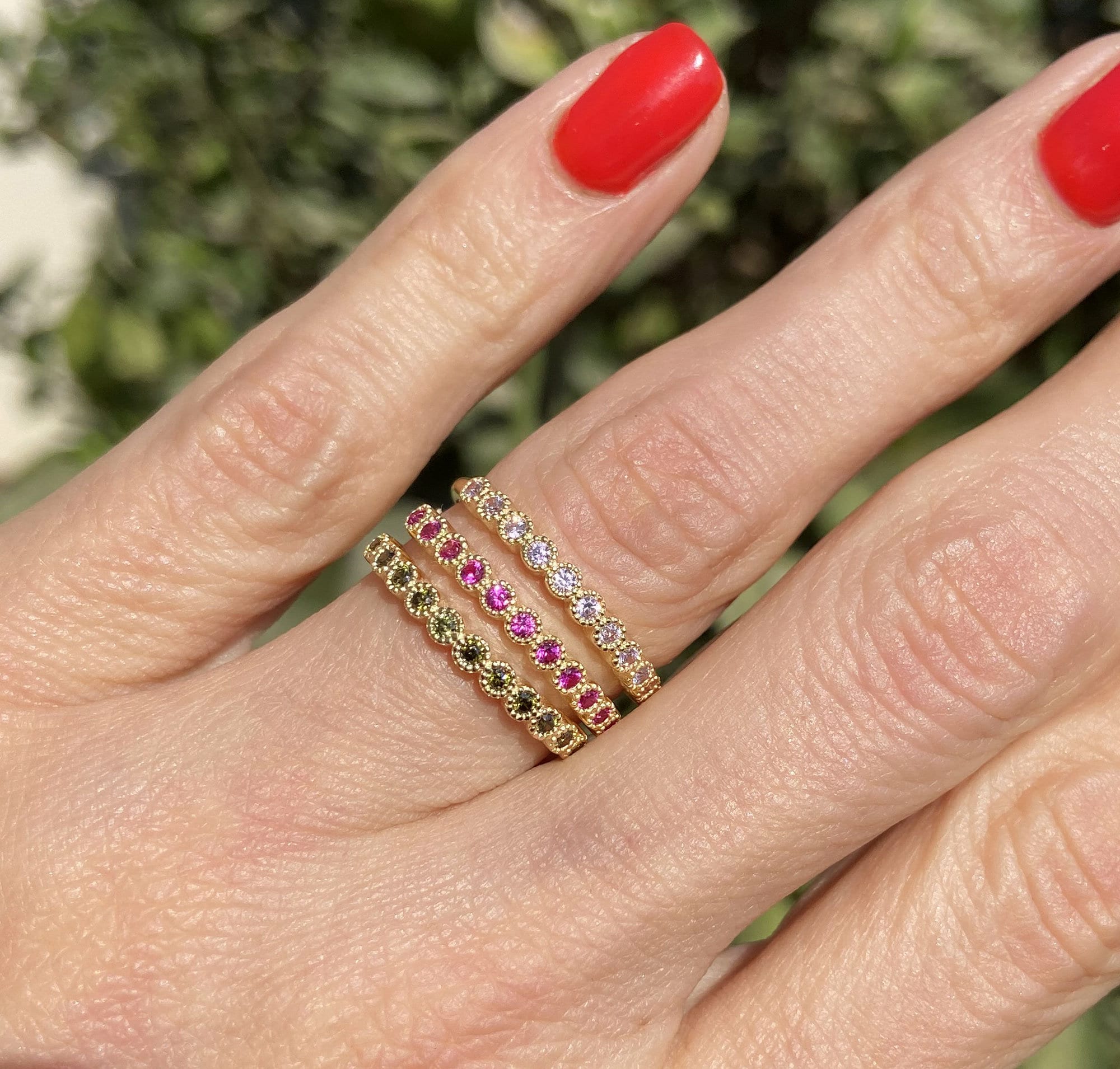 October Birthstone Round Rose Quartz Eleven-Stone Half Eternity Stacking Ring - H.L.Jewelry