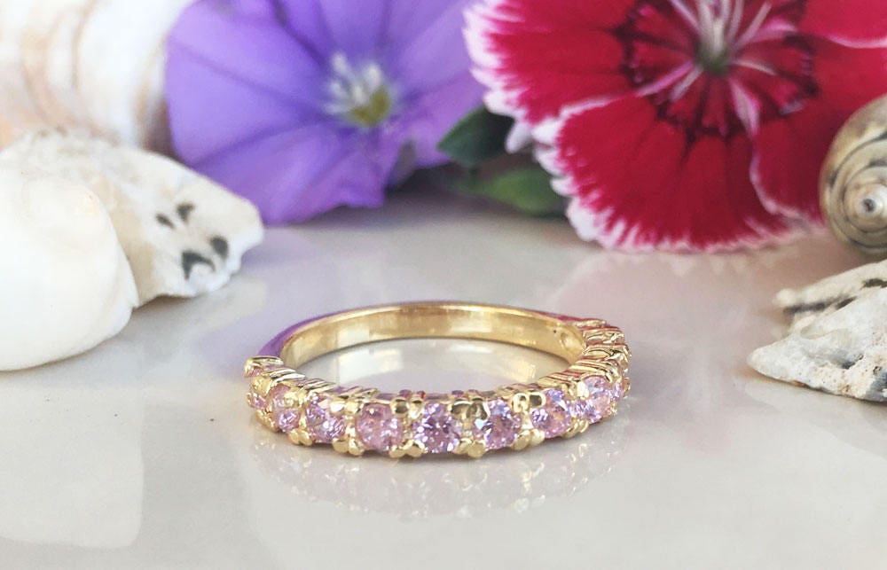 October Birthstone Round Rose Quartz Eleven-Stone Stacking Half Eternity Ring - H.L.Jewelry