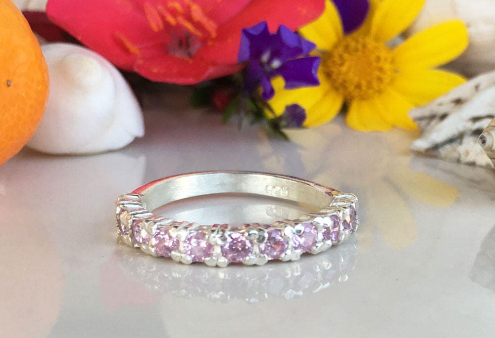 October Birthstone Round Rose Quartz Eleven-Stone Stacking Half Eternity Ring - H.L.Jewelry