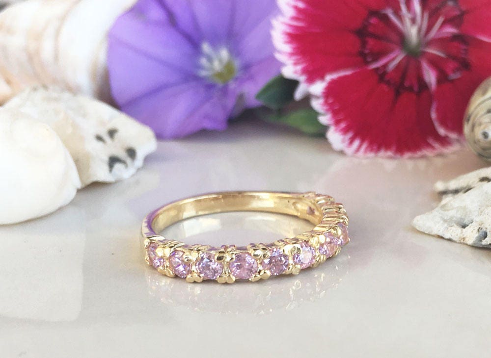 October Birthstone Round Rose Quartz Eleven-Stone Stacking Half Eternity Ring - H.L.Jewelry