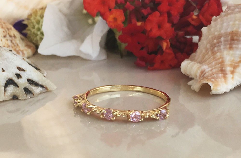 October Birthstone Round Rose Quartz Five Stone Simple Stacking Ring - H.L.Jewelry