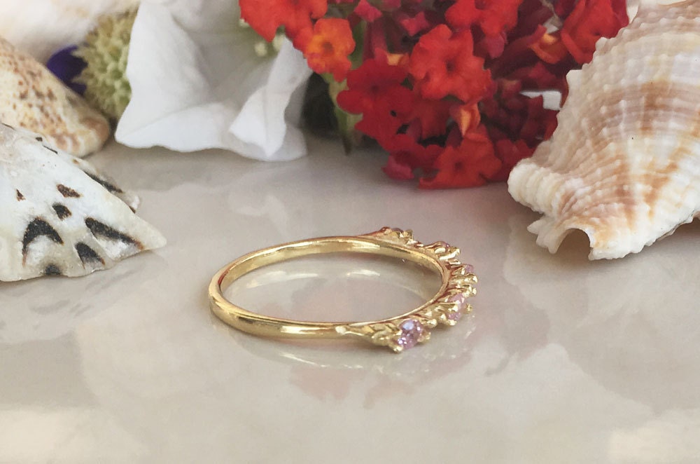 October Birthstone Round Rose Quartz Five Stone Simple Stacking Ring - H.L.Jewelry