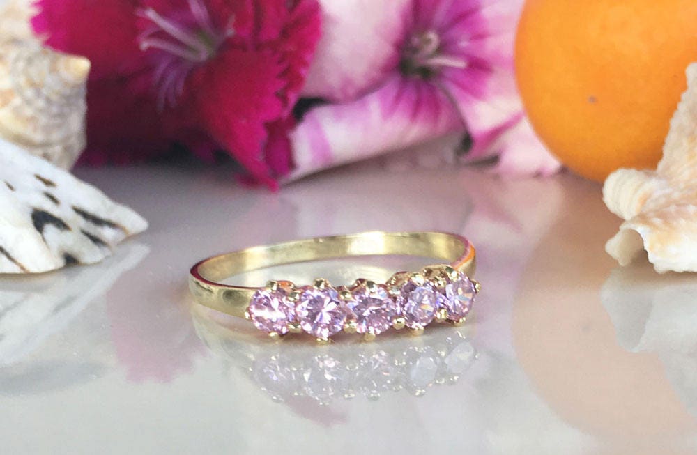 October Birthstone Round Rose Quartz Five-Stone Stackable Ring - H.L.Jewelry