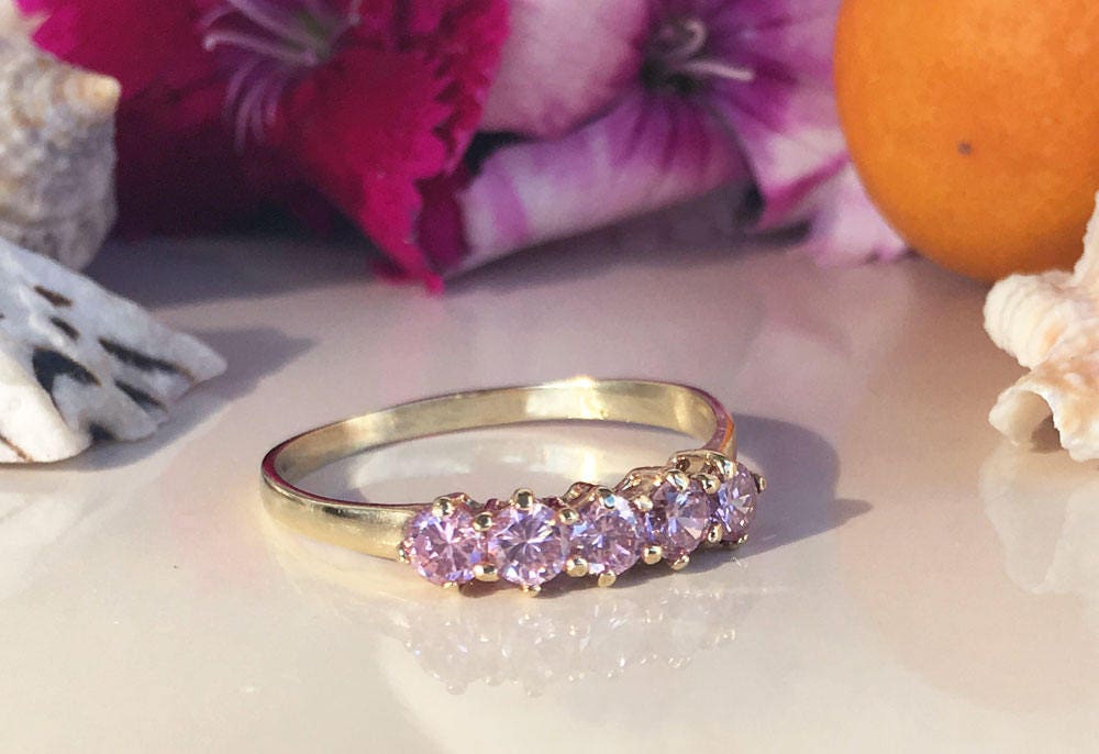 October Birthstone Round Rose Quartz Five-Stone Stackable Ring - H.L.Jewelry