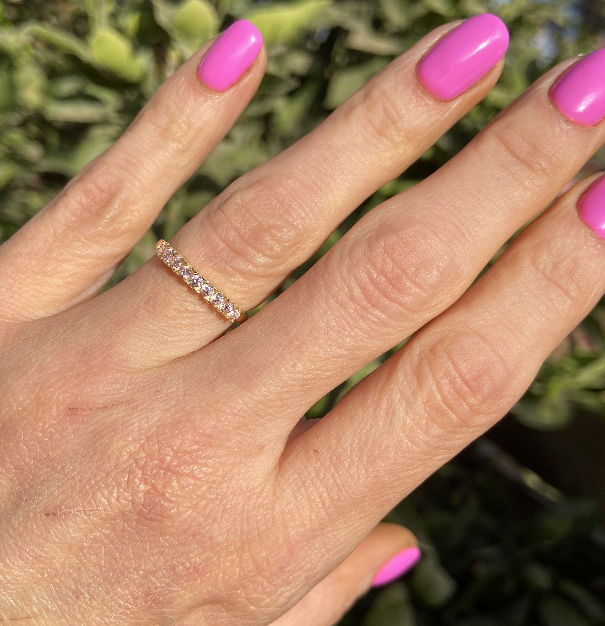 October Birthstone Round Rose Quartz Nine-Stone Half Eternity Ring - H.L.Jewelry