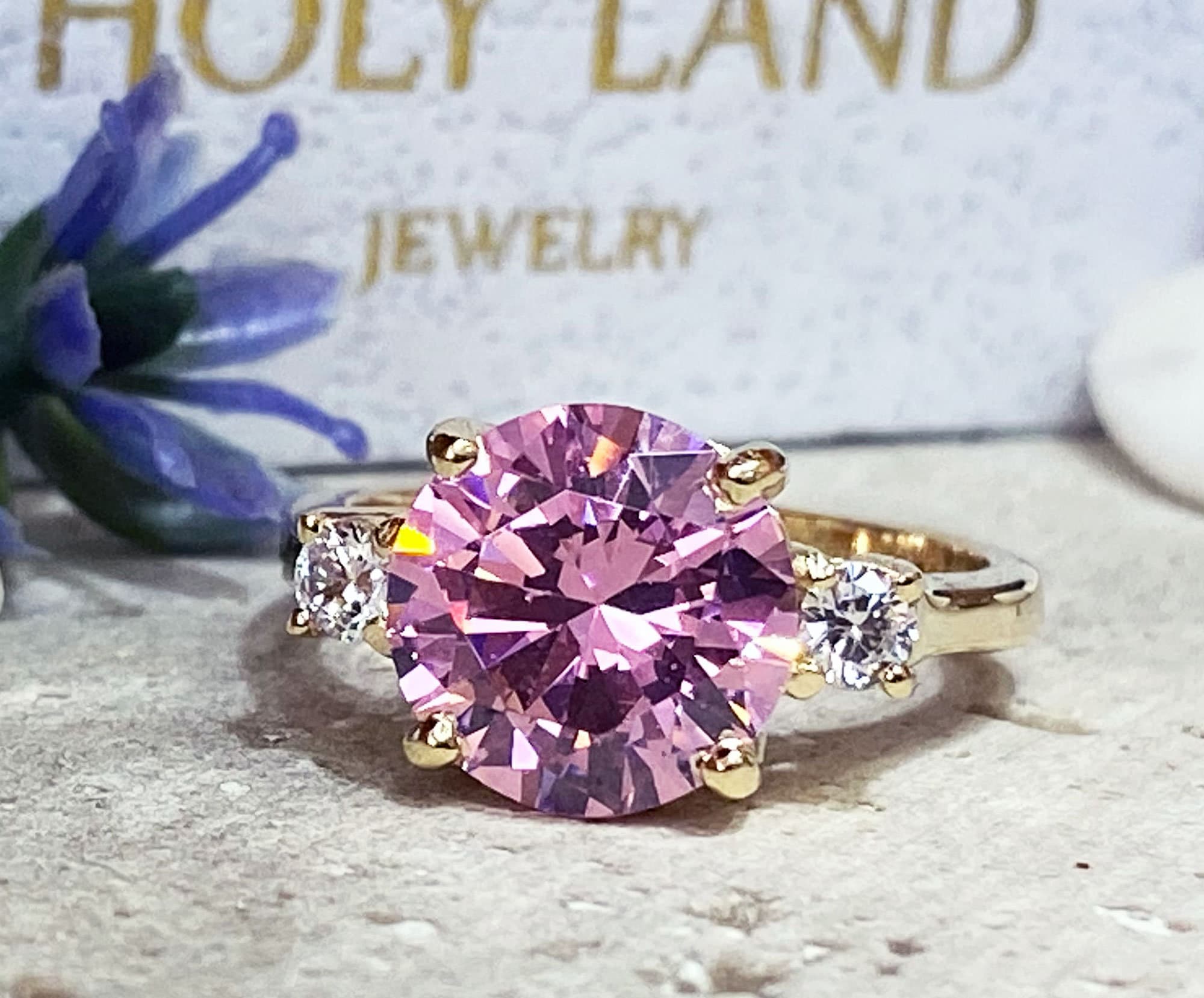 October Birthstone Round Rose Quartz Ring with Clear Quartz Accents - H.L.Jewelry