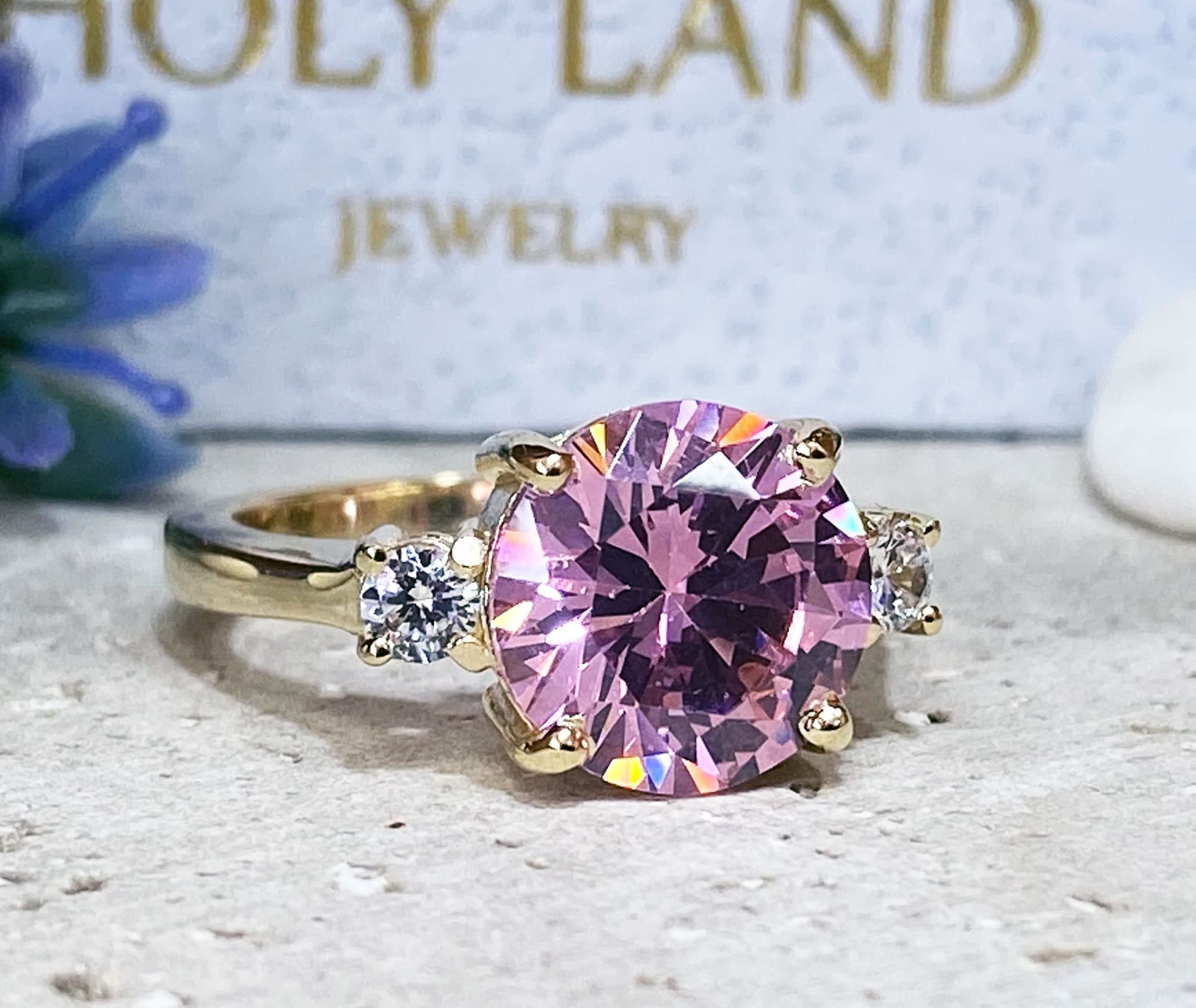 October Birthstone Round Rose Quartz Ring with Clear Quartz Accents - H.L.Jewelry