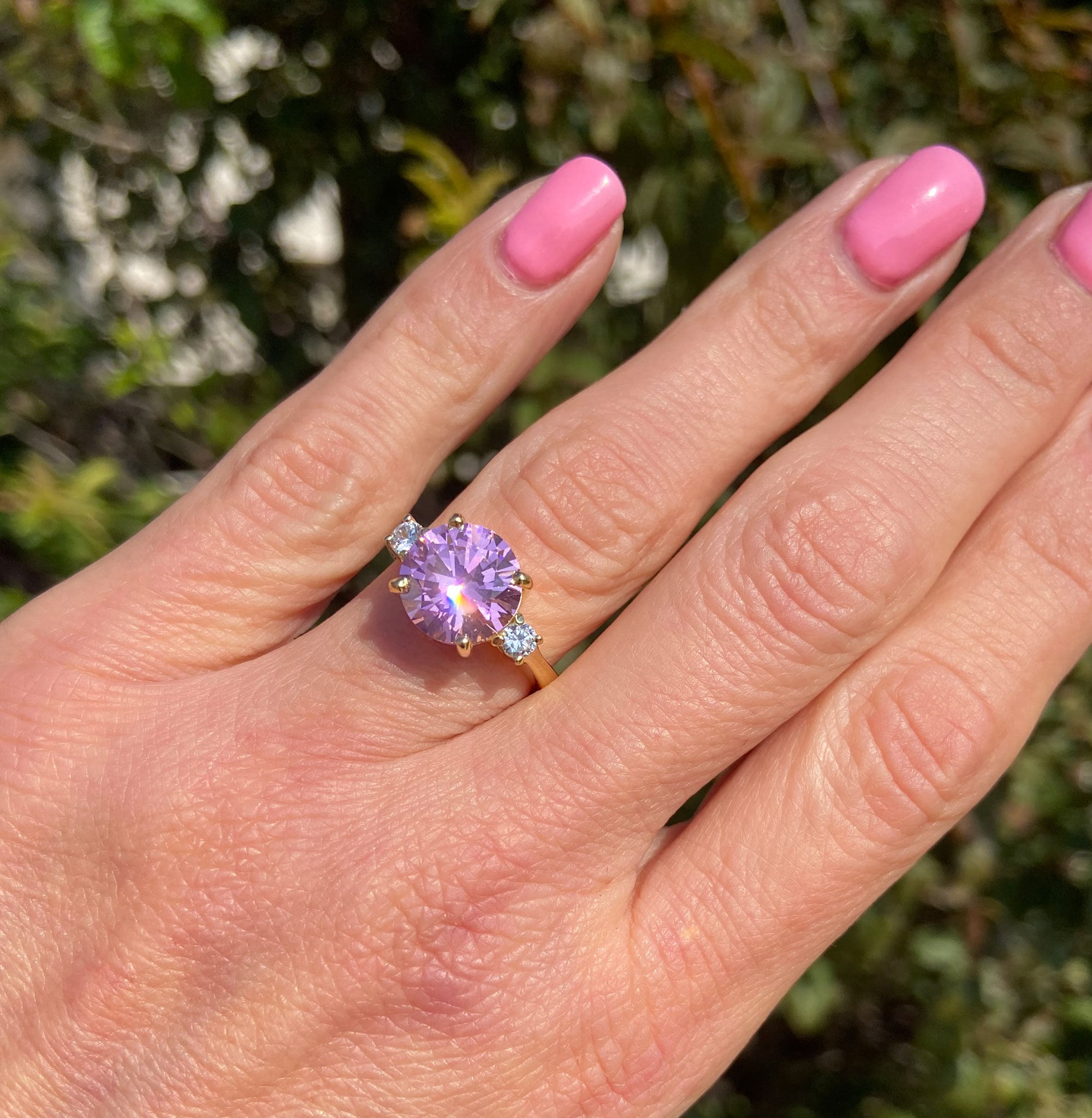 October Birthstone Round Rose Quartz Ring with Clear Quartz Accents - H.L.Jewelry