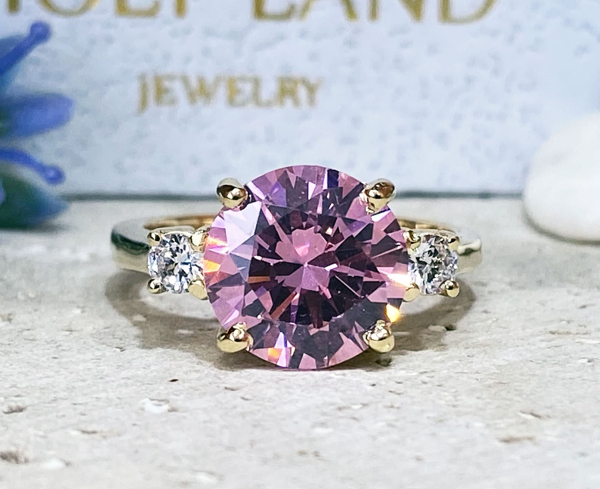 October Birthstone Round Rose Quartz Ring with Clear Quartz Accents - H.L.Jewelry