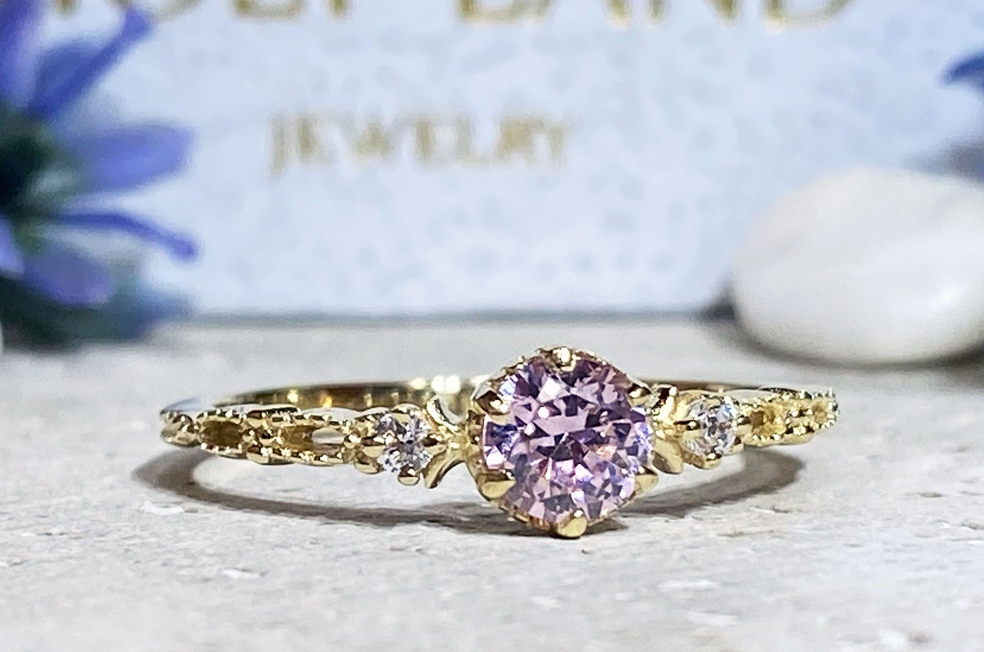 October Birthstone Round Rose Quartz Ring with Clear Quartz Accents - H.L.Jewelry