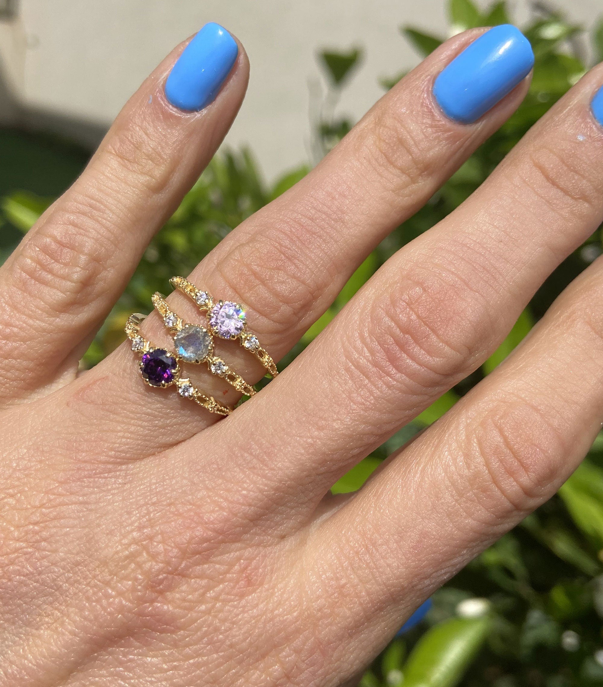 October Birthstone Round Rose Quartz Ring with Clear Quartz Accents - H.L.Jewelry
