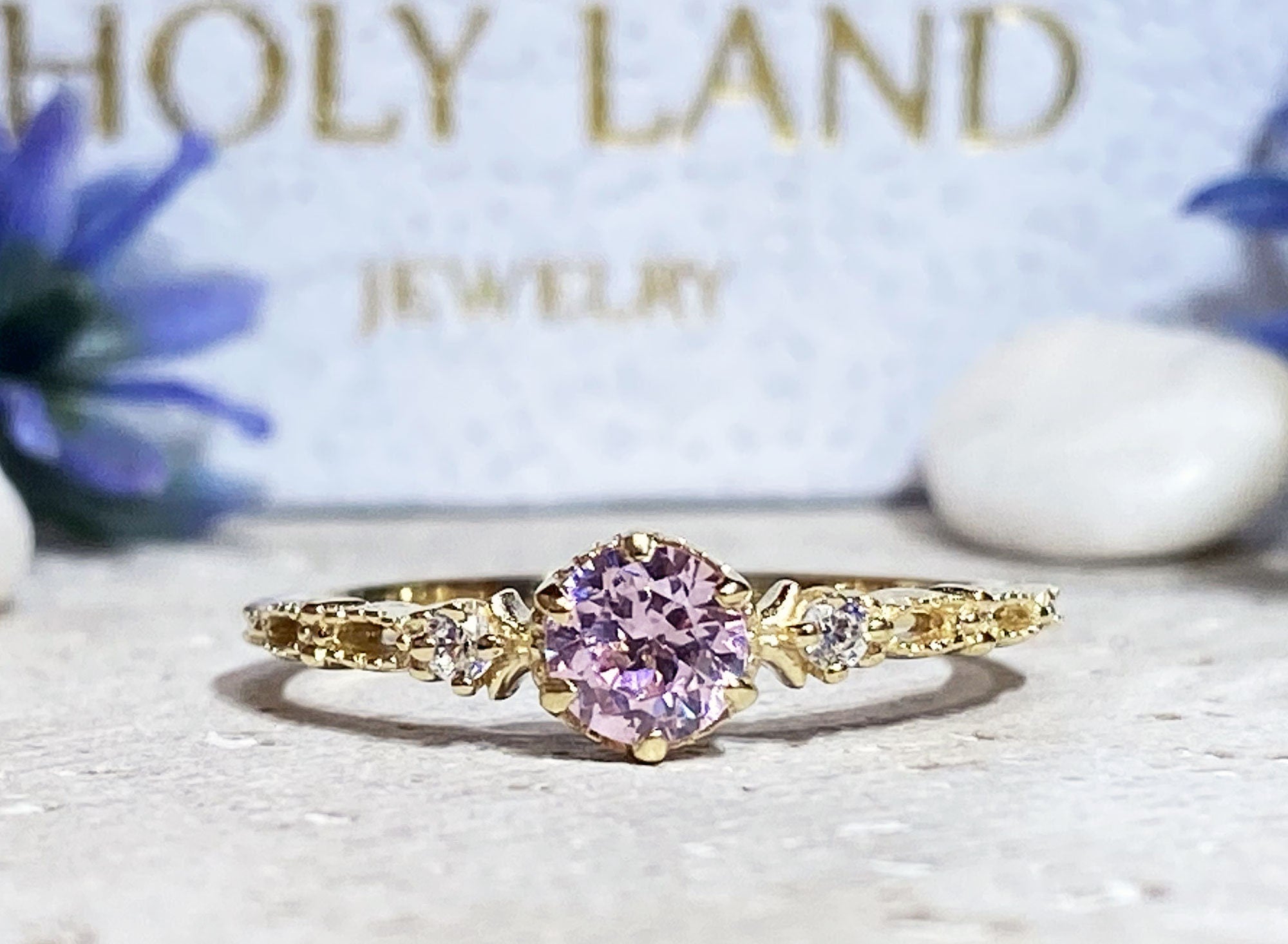 October Birthstone Round Rose Quartz Ring with Clear Quartz Accents - H.L.Jewelry