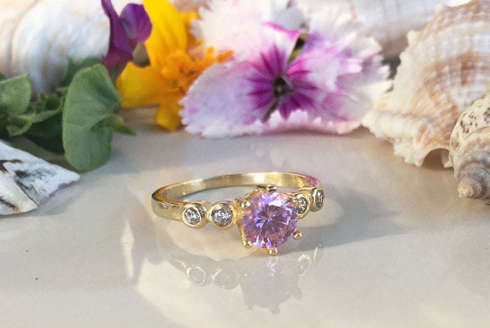 October Birthstone Round Rose Quartz Ring with Clear Quartz Accents - H.L.Jewelry