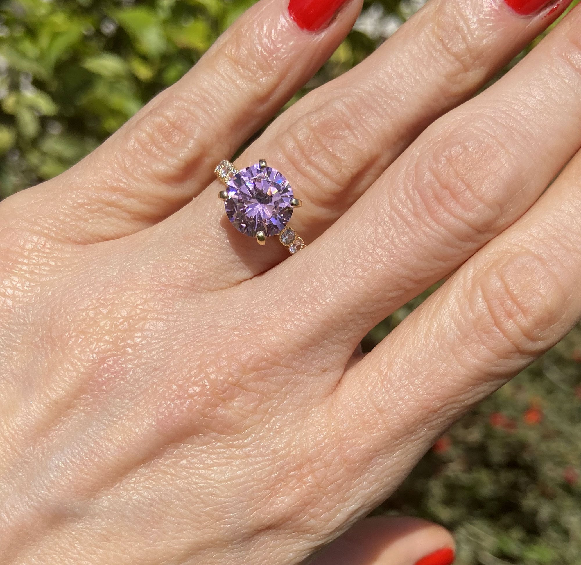 October Birthstone Round Rose Quartz Ring with Clear Quartz Accents - H.L.Jewelry