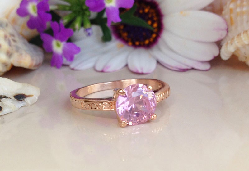October Birthstone Round Rose Quartz Simple Solitaire Ring - H.L.Jewelry