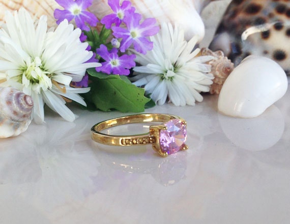 October Birthstone Round Rose Quartz Simple Solitaire Ring - H.L.Jewelry
