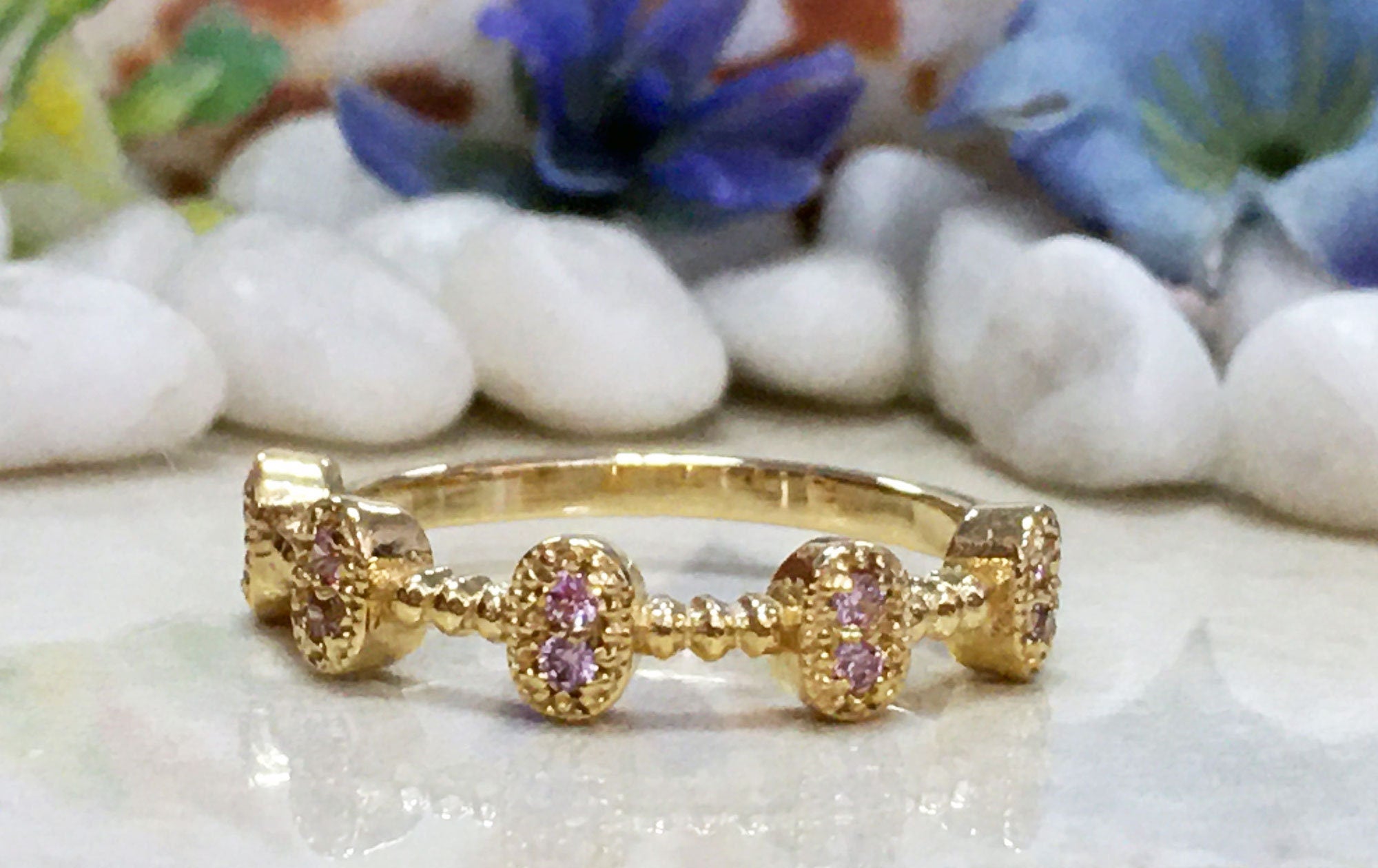 October Birthstone Round Rose Quartz Ten-Stone Bezel Ring - H.L.Jewelry