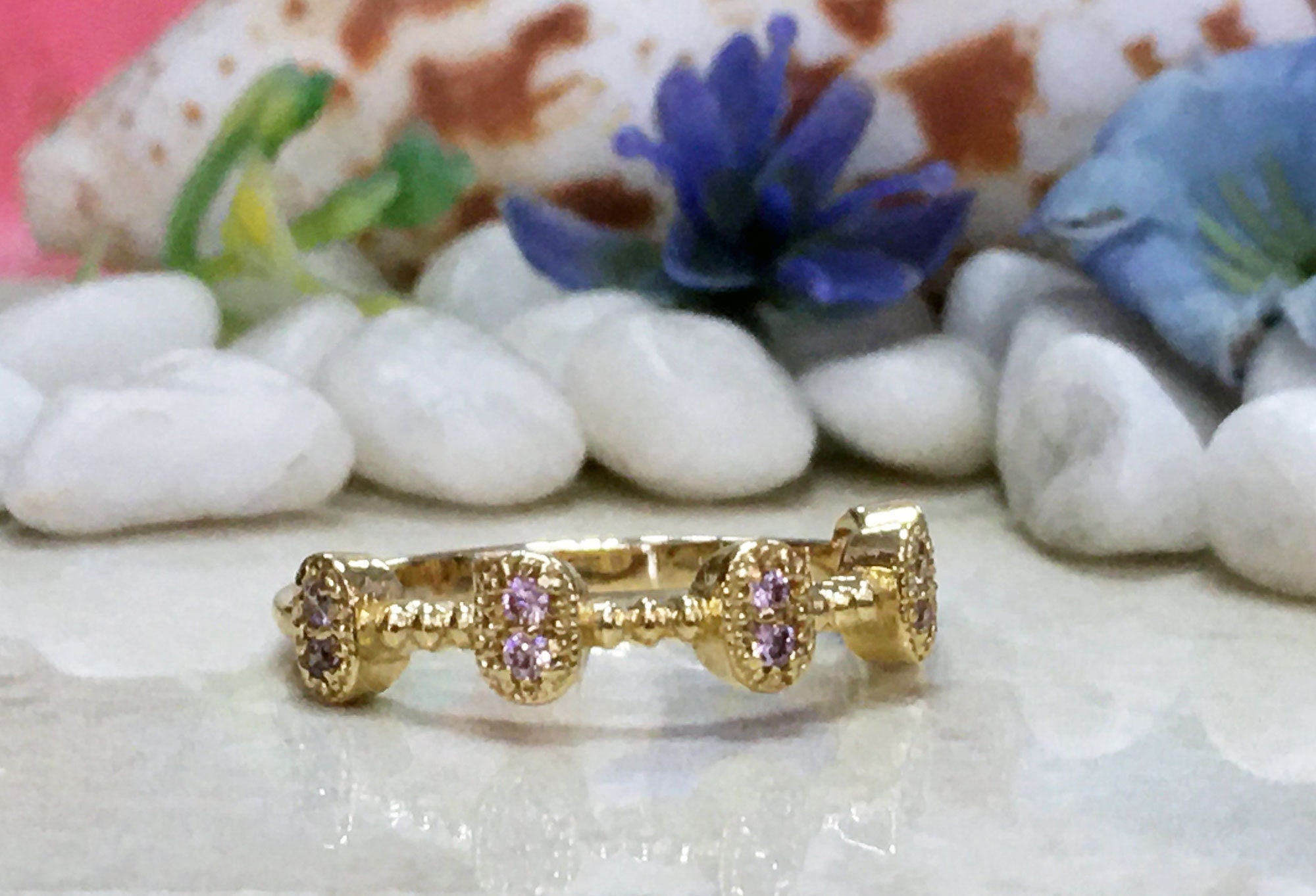 October Birthstone Round Rose Quartz Ten-Stone Bezel Ring - H.L.Jewelry