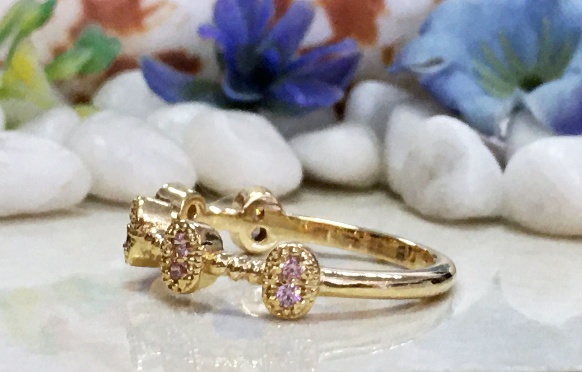 October Birthstone Round Rose Quartz Ten-Stone Bezel Ring - H.L.Jewelry