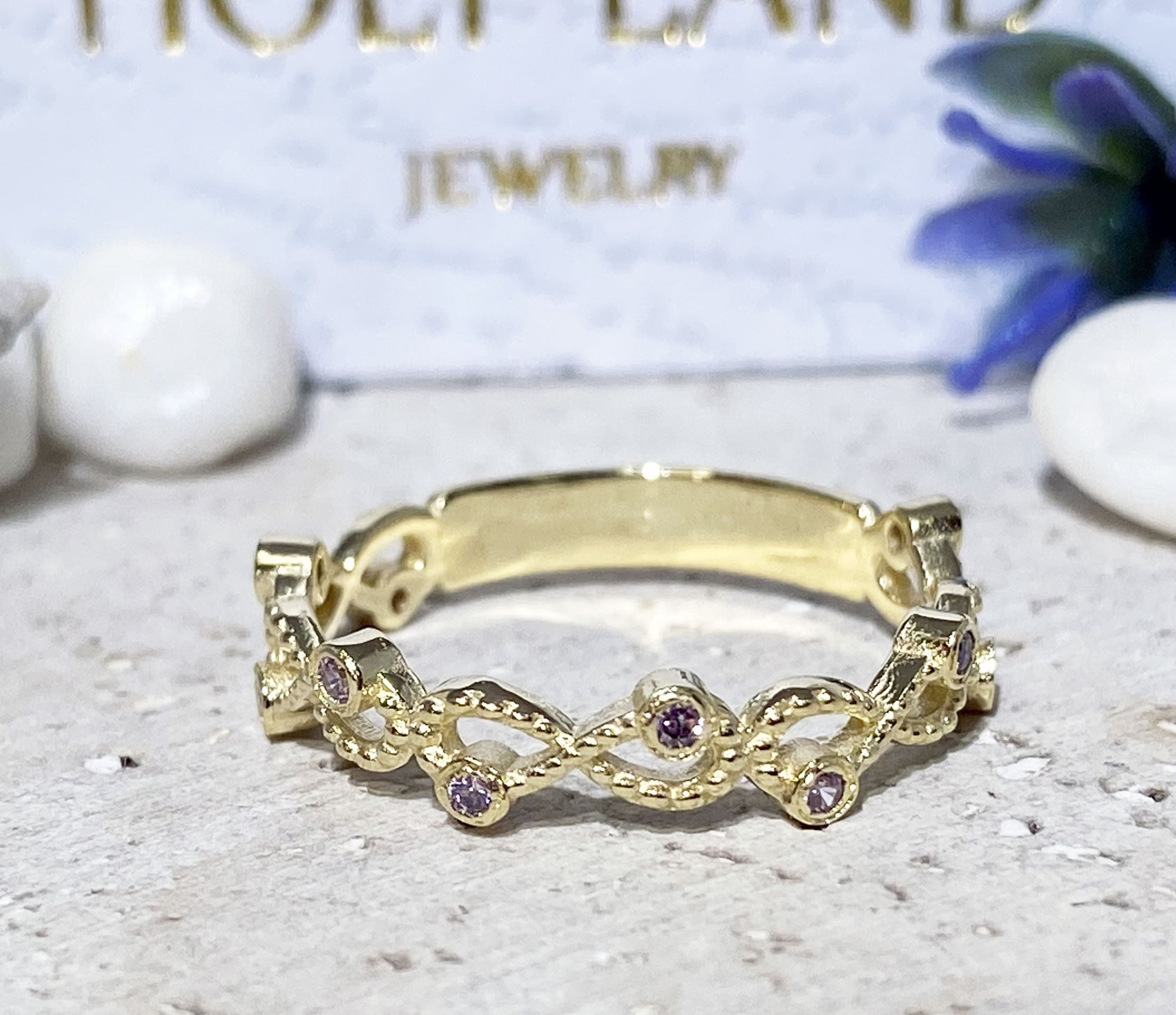 October Birthstone Round Rose Quartz Ten-Stone Infinity Ring - H.L.Jewelry