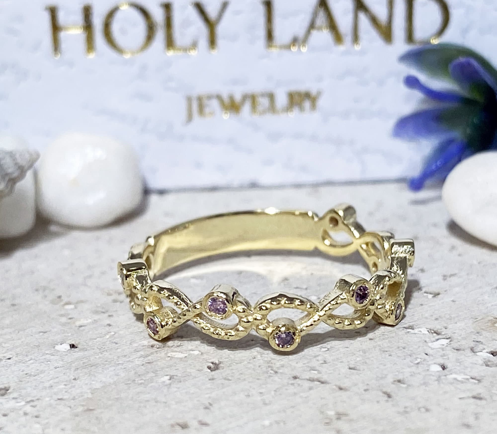 October Birthstone Round Rose Quartz Ten-Stone Infinity Ring - H.L.Jewelry