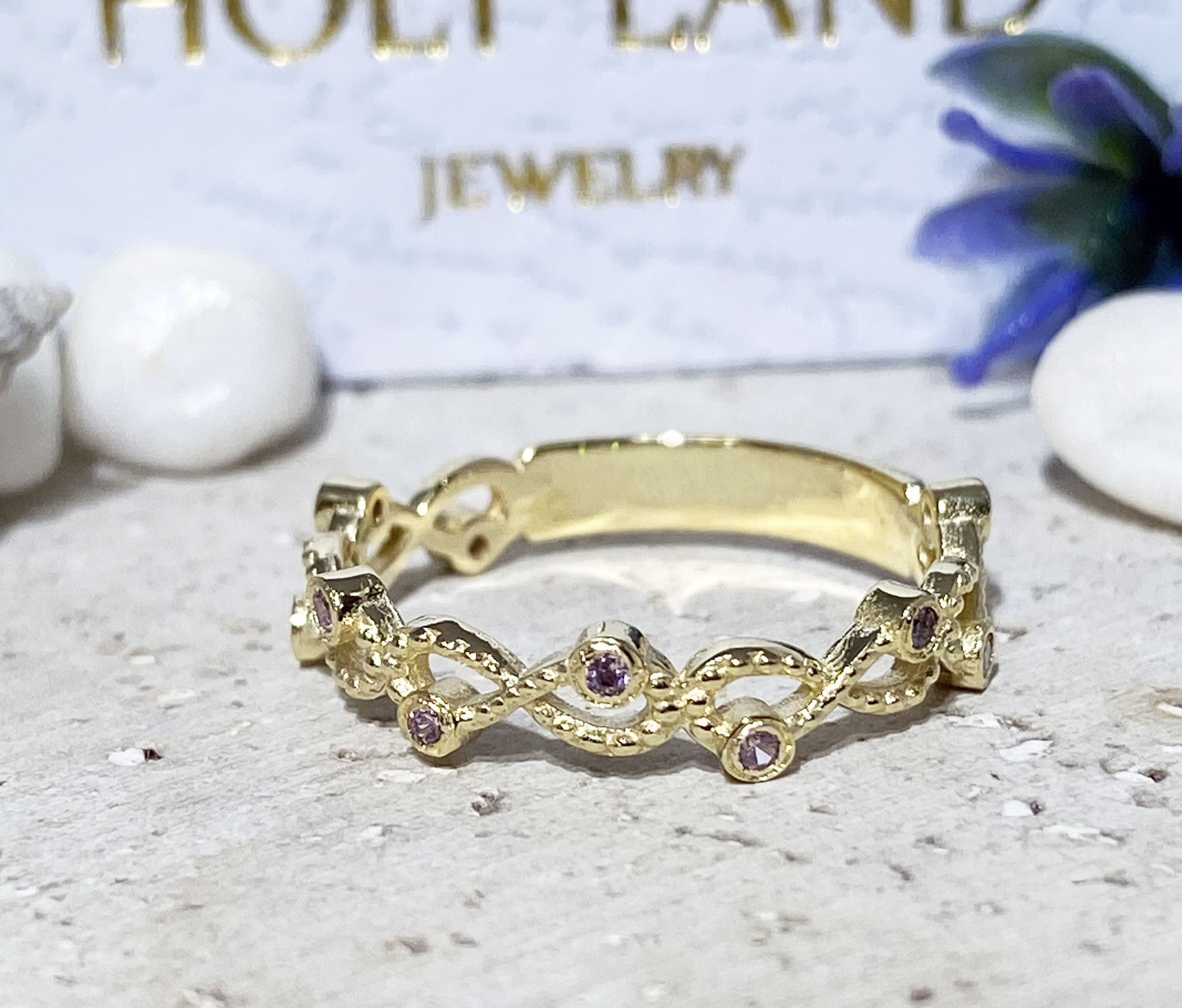 October Birthstone Round Rose Quartz Ten-Stone Infinity Ring - H.L.Jewelry