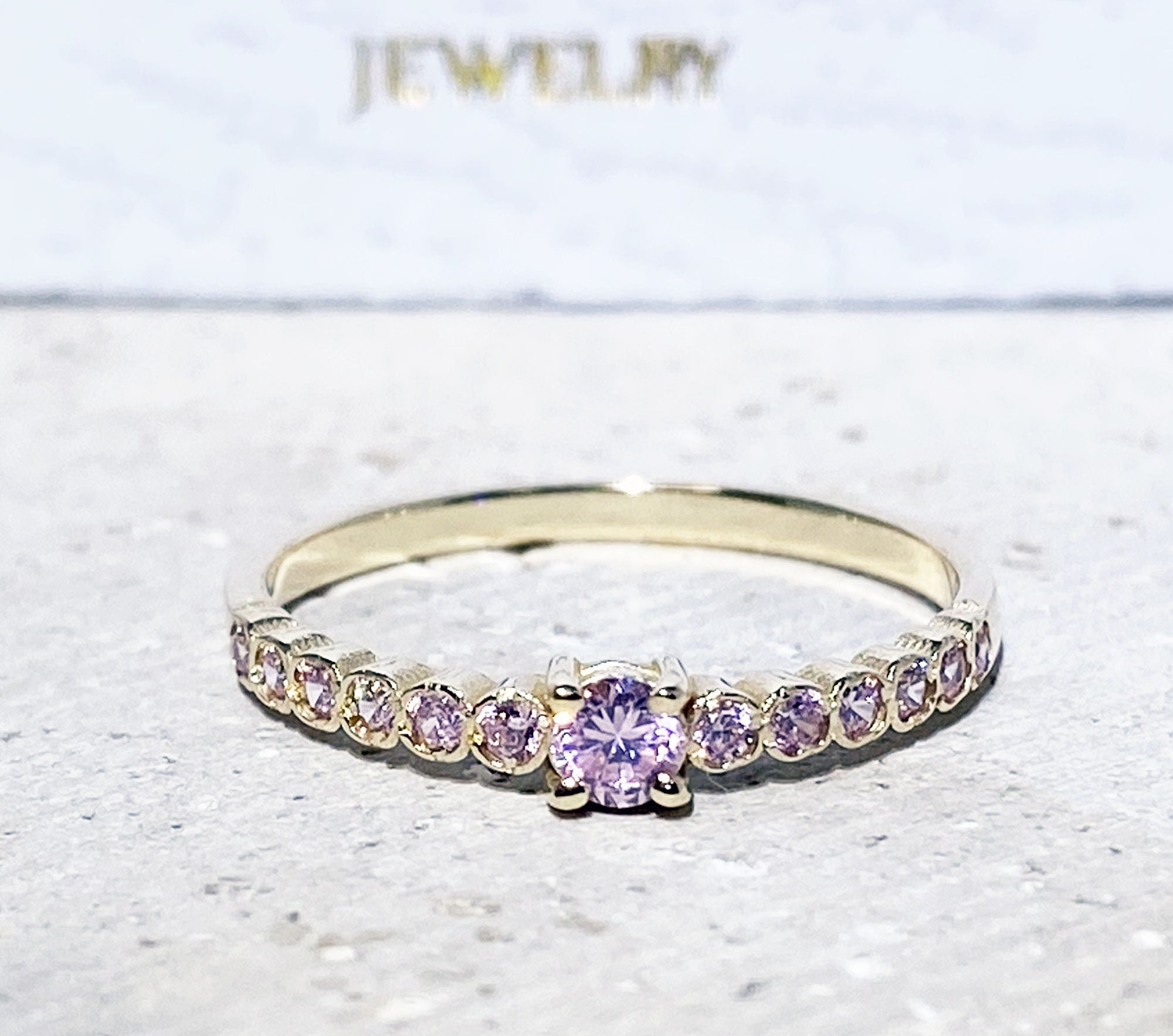 October Birthstone Round Rose Quartz Thirteen-Stone Half Eternity Ring - H.L.Jewelry