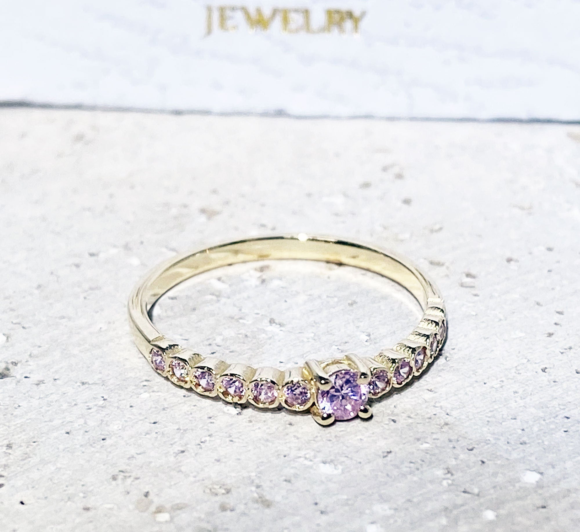 October Birthstone Round Rose Quartz Thirteen-Stone Half Eternity Ring - H.L.Jewelry